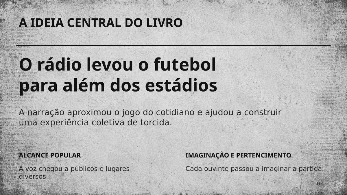Slide 2 — A ideia central do livro: o rádio levou o futebol para além dos estádios