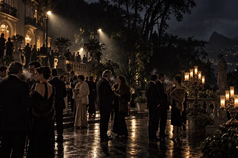 Convidados socializam sob a garoa e a luz dos holofotes e candelabros, enquanto uma silhueta encasacada observa entre as árvores.